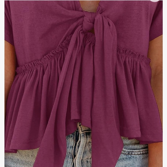 Women's Short Sleeve V Neck Blouse Ruffle Hem Tie Front Crop Top - Picture 5 of 6